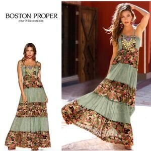 Boston Proper Nomad Camo Tassels Maxi Dress with Pom Poms Size XS
